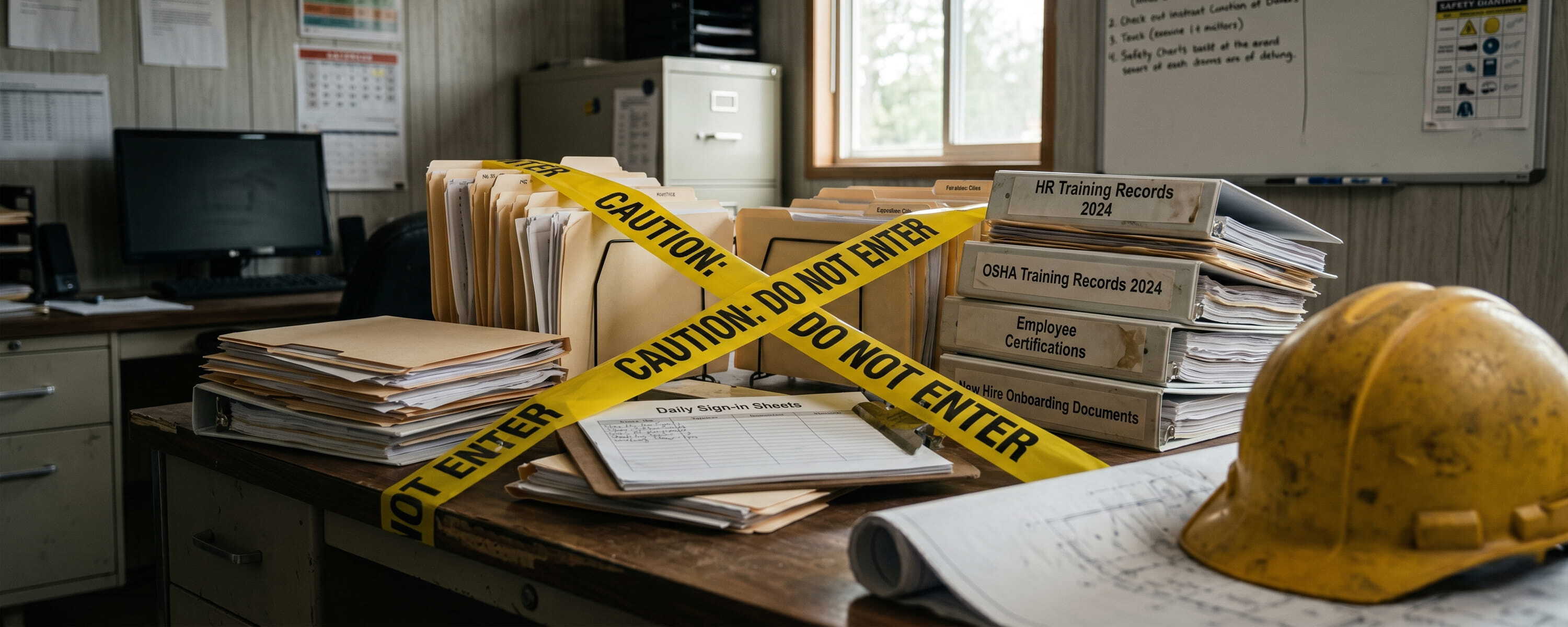 Desk with construction tape blocking files