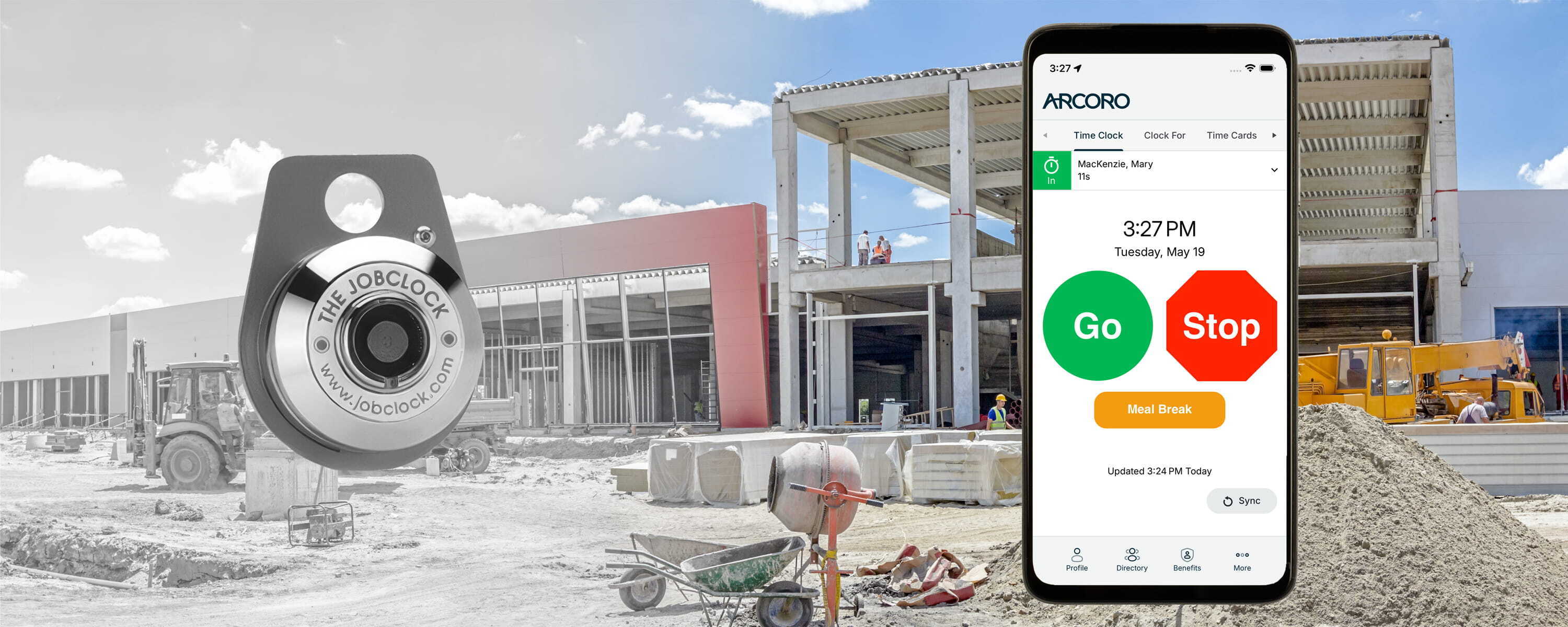 Arcoro Time (formerly ExakTime) mobile app and job clock with a jobsite in the background