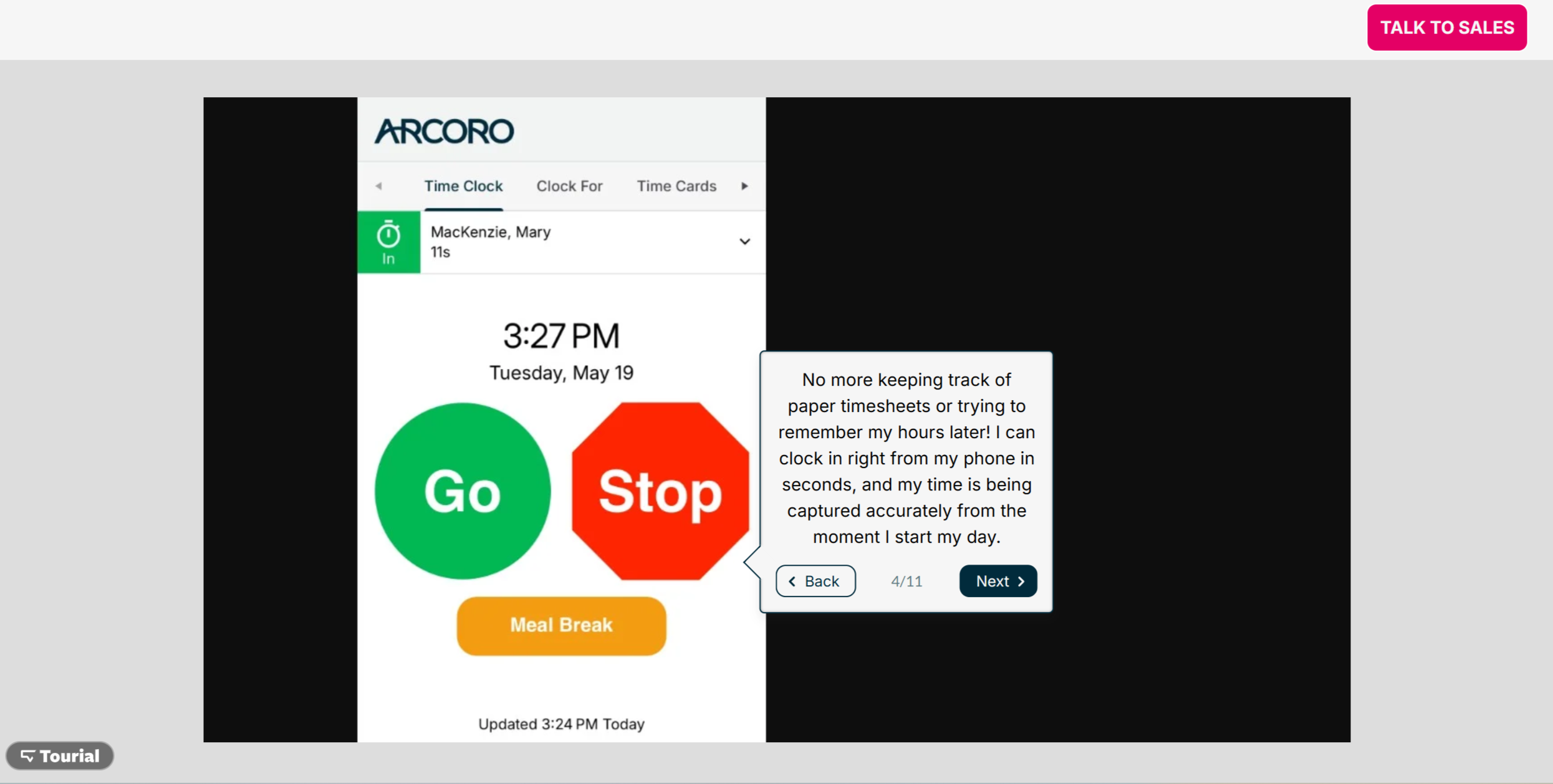 Screenshot of Arcoro's mobile app tutorial with the time tracking go and stop features